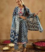 Ethnic Motifs Printed Thread Work Pure Cotton Kurta with Trousers & Dupatta