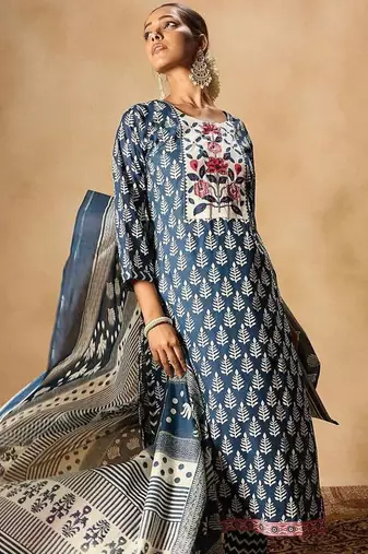 Ethnic Motifs Printed Thread Work Pure Cotton Kurta with Trousers & Dupatta