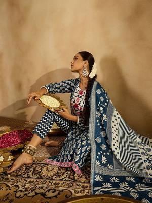 Ethnic Motifs Printed Thread Work Pure Cotton Kurta with Trousers & Dupatta 7