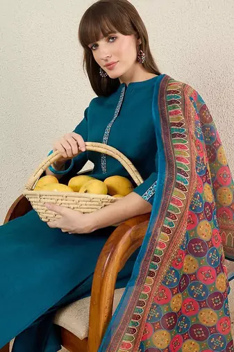 Women Solid Embroidered Kurta with Trousers & Dupatta