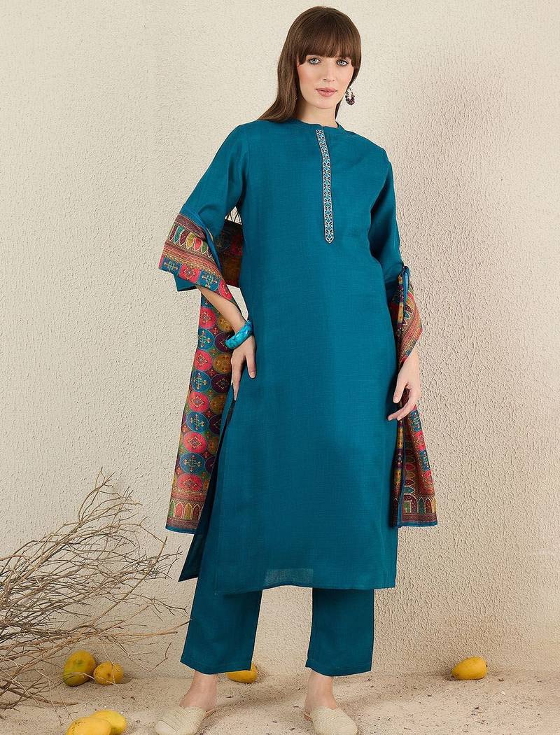 Women Solid Embroidered Kurta with Trousers & Dupatta