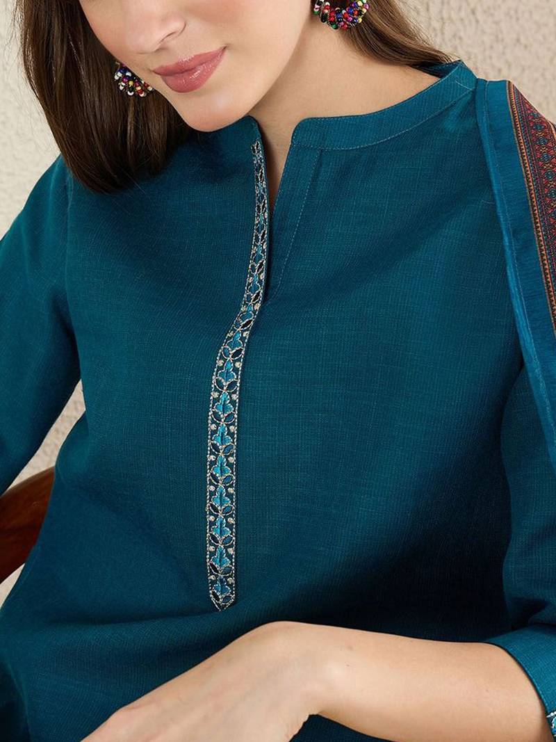 Women Solid Embroidered Kurta with Trousers & Dupatta