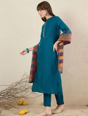 Women Solid Embroidered Kurta with Trousers & Dupatta 1