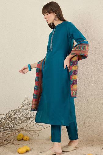 Women Solid Embroidered Kurta with Trousers & Dupatta