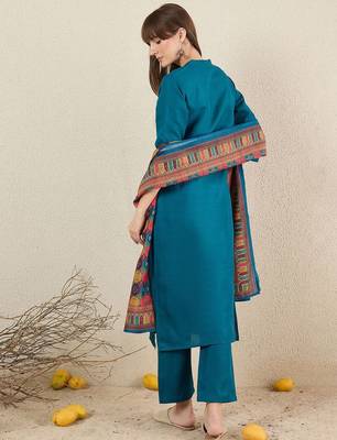 Women Solid Embroidered Kurta with Trousers & Dupatta 5