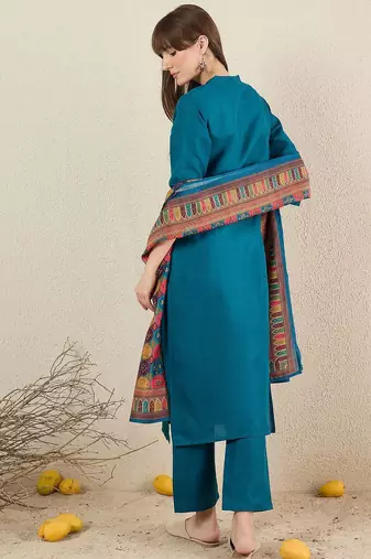 Women Solid Embroidered Kurta with Trousers & Dupatta