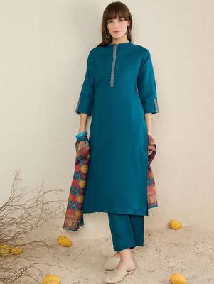 Women Solid Embroidered Kurta with Trousers & Dupatta 6
