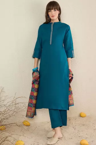 Women Solid Embroidered Kurta with Trousers & Dupatta