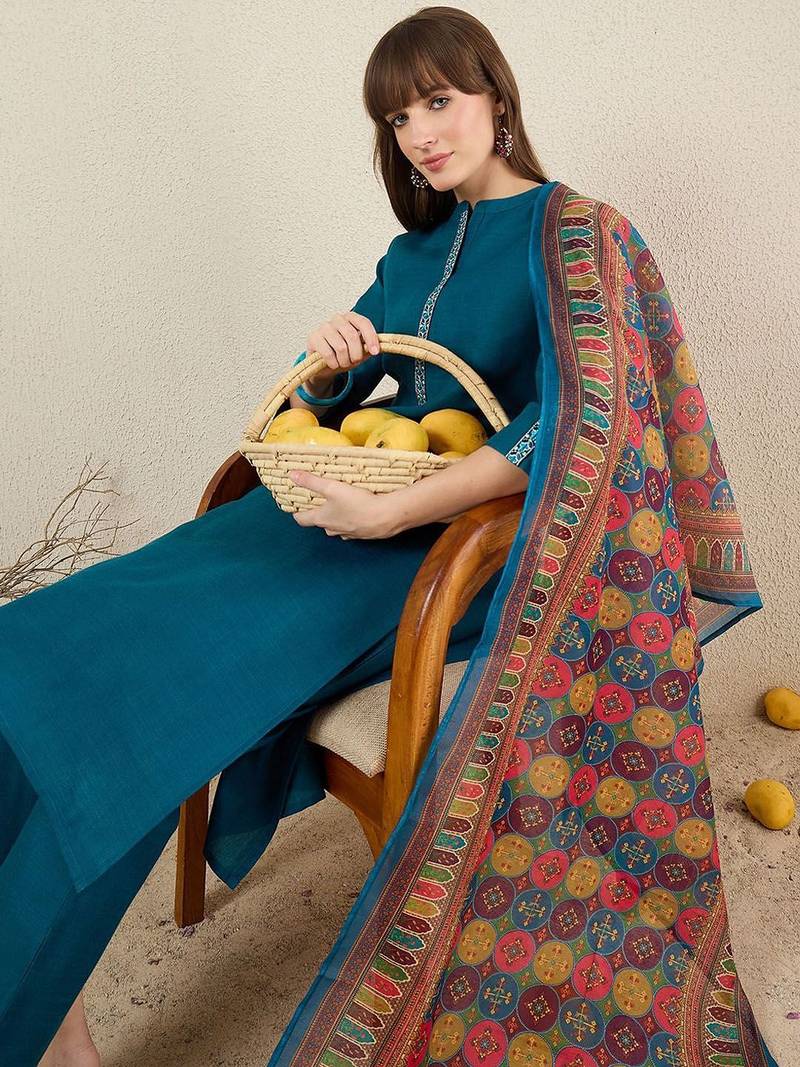 Women Solid Embroidered Kurta with Trousers & Dupatta