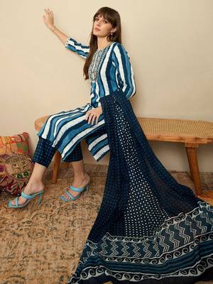 Striped Sequinned Straight Kurta With Trousers & Dupatta 1