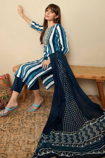 Striped Sequinned Straight Kurta With Trousers & Dupatta
