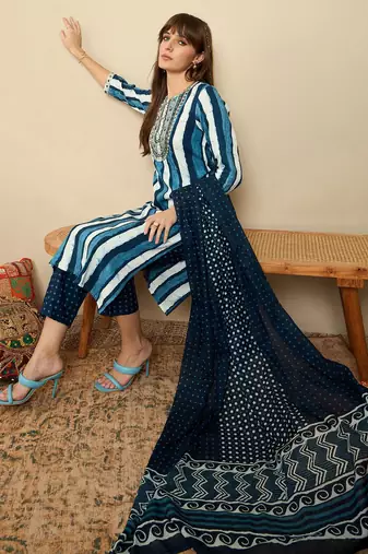 Striped Sequinned Straight Kurta With Trousers & Dupatta