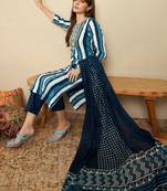 Striped Sequinned Straight Kurta With Trousers & Dupatta