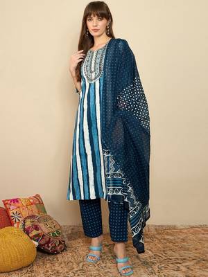 Striped Sequinned Straight Kurta With Trousers & Dupatta 2