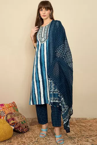 Striped Sequinned Straight Kurta With Trousers & Dupatta