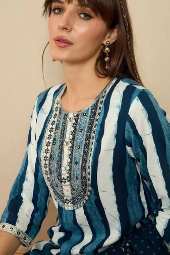 Striped Sequinned Straight Kurta With Trousers & Dupatta
