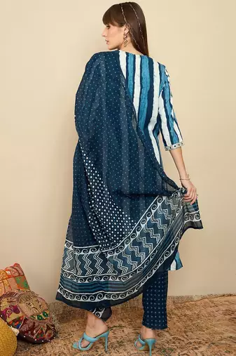 Striped Sequinned Straight Kurta With Trousers & Dupatta