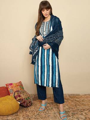 Striped Sequinned Straight Kurta With Trousers & Dupatta 7