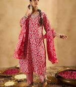 Floral Printed Straight Thread Work Kurta with Trousers & Dupatta