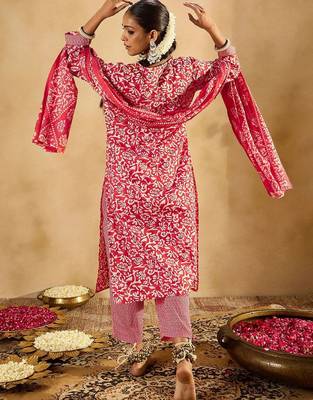 Floral Printed Straight Thread Work Kurta with Trousers & Dupatta 6