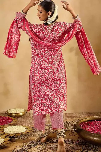 Floral Printed Straight Thread Work Kurta with Trousers & Dupatta