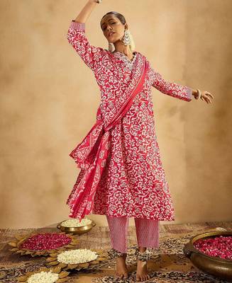 Floral Printed Straight Thread Work Kurta with Trousers & Dupatta 7