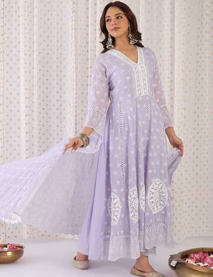 women ethnic motifs thread work  cotton kurta with trousers & with dupatta 1