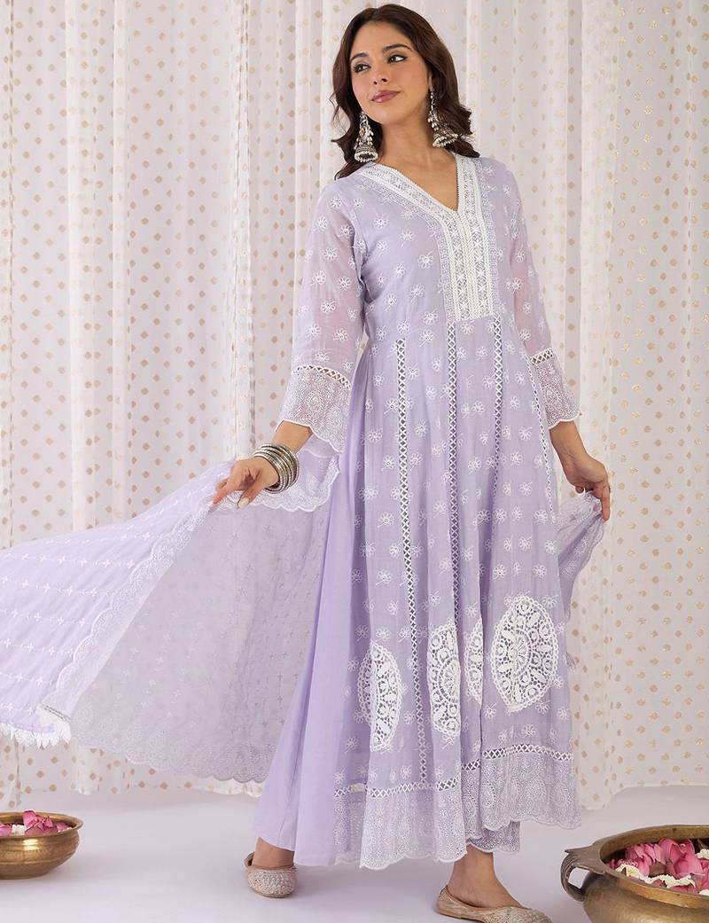 Women Ethnic Motifs Thread Work Pure Cotton Kurta with Trousers & With Dupatta