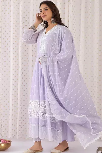 Women Ethnic Motifs Thread Work Pure Cotton Kurta with Trousers & With Dupatta
