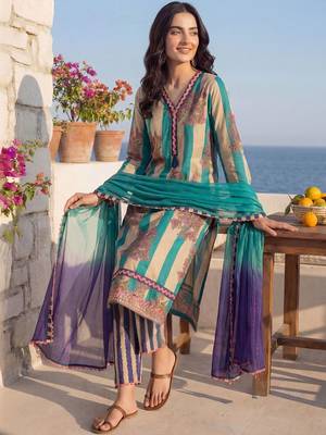 Women Printed Regular Thread Work Pure Cotton Kurta with Trousers & With Dupatta 1