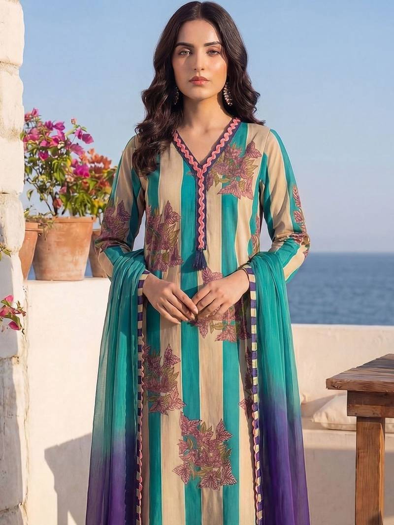 Women Printed Regular Thread Work Pure Cotton Kurta with Trousers & With Dupatta