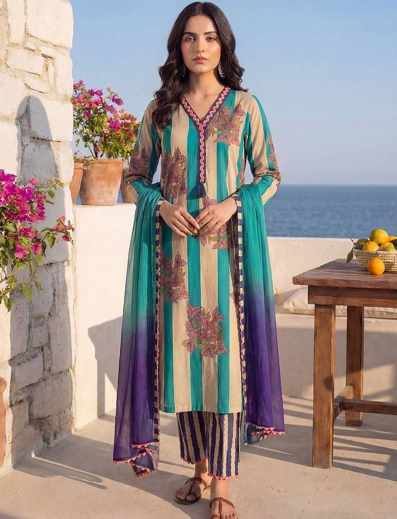 Women Printed Regular Thread Work Pure Cotton Kurta with Trousers & With Dupatta