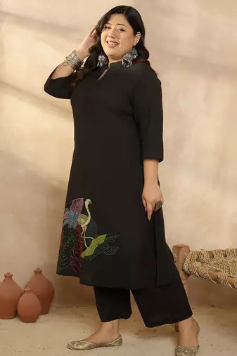 Plus Size Motifs Embroidered Regular Pure Cotton Kurta with Palazzos