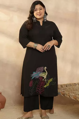Plus Size Motifs Embroidered Regular Pure Cotton Kurta with Palazzos