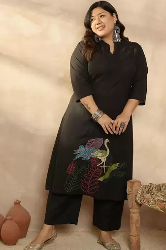 Plus Size Motifs Embroidered Regular Pure Cotton Kurta with Palazzos