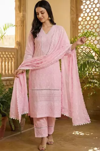 Women Ethnic Motifs Embroidered Regular Thread Work Pure Cotton Kurta with Trousers & With Dupatta