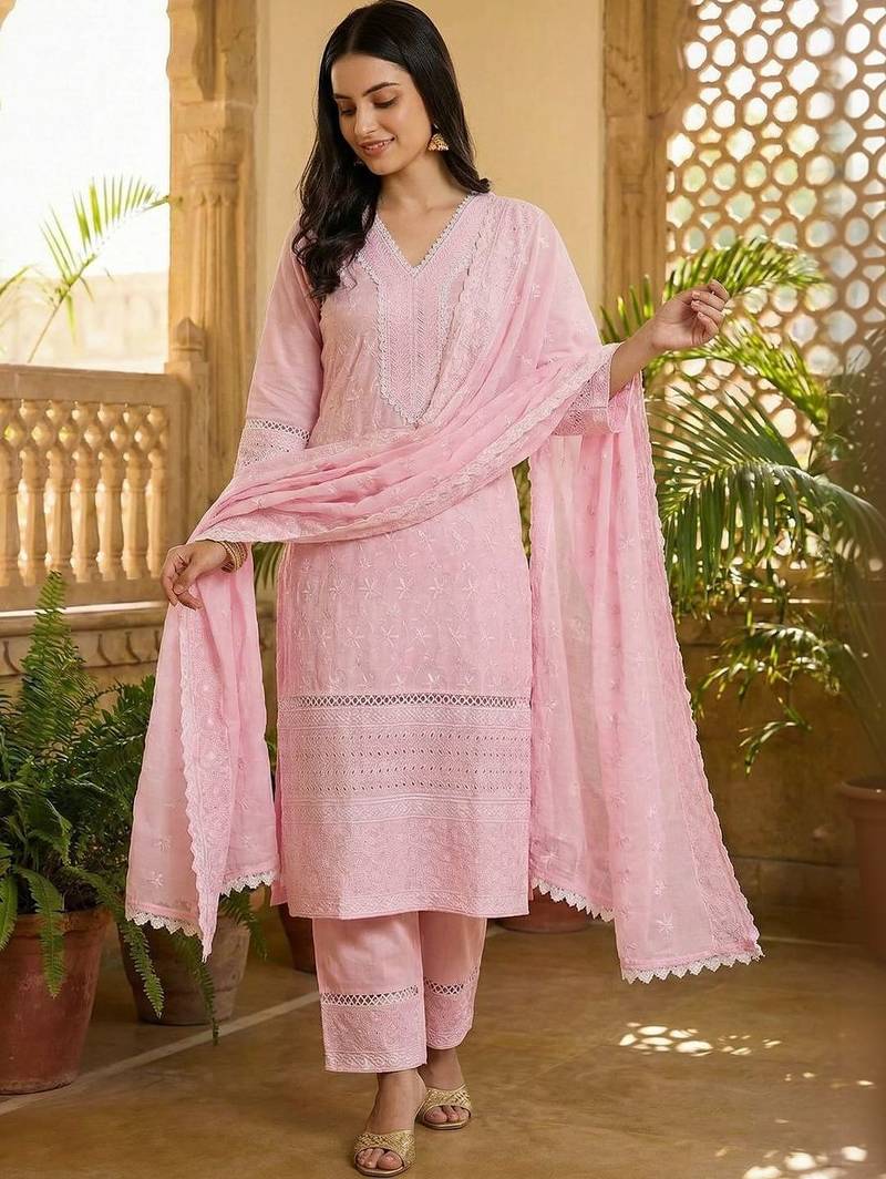 Women Ethnic Motifs Embroidered Regular Thread Work Pure Cotton Kurta with Trousers & With Dupatta