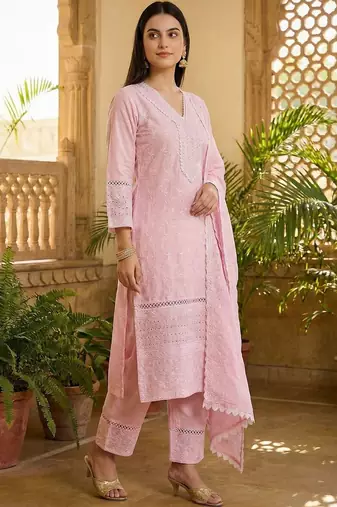 Women Ethnic Motifs Embroidered Regular Thread Work Pure Cotton Kurta with Trousers & With Dupatta