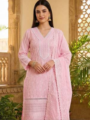 Women Ethnic Motifs Embroidered Regular Thread Work Pure Cotton Kurta with Trousers & With Dupatta 4