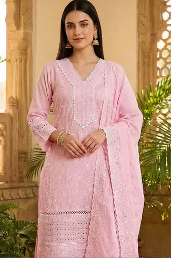 Women Ethnic Motifs Embroidered Regular Thread Work Pure Cotton Kurta with Trousers & With Dupatta