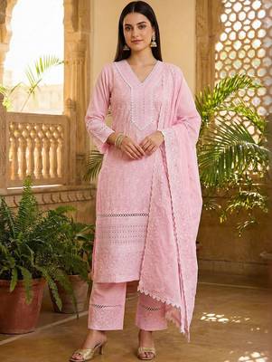 Women Ethnic Motifs Embroidered Regular Thread Work Pure Cotton Kurta with Trousers & With Dupatta 5