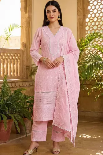 Women Ethnic Motifs Embroidered Regular Thread Work Pure Cotton Kurta with Trousers & With Dupatta