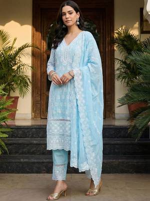 women ethnic motifs embroidered regular thread work  cotton kurta with trousers & with dupatta 1