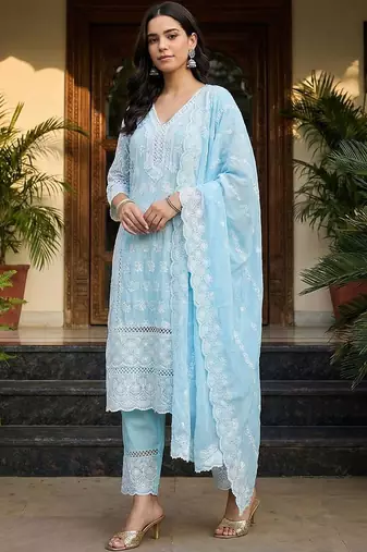 women ethnic motifs embroidered regular thread work  cotton kurta with trousers & with dupatta