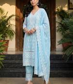 women ethnic motifs embroidered regular thread work  cotton kurta with trousers & with dupatta