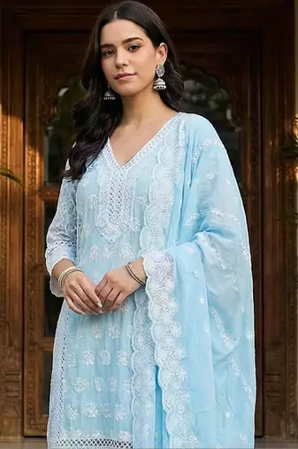 women ethnic motifs embroidered regular thread work  cotton kurta with trousers & with dupatta