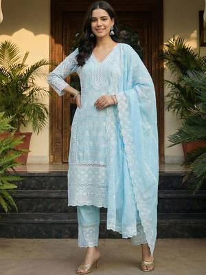 women ethnic motifs embroidered regular thread work  cotton kurta with trousers & with dupatta 3