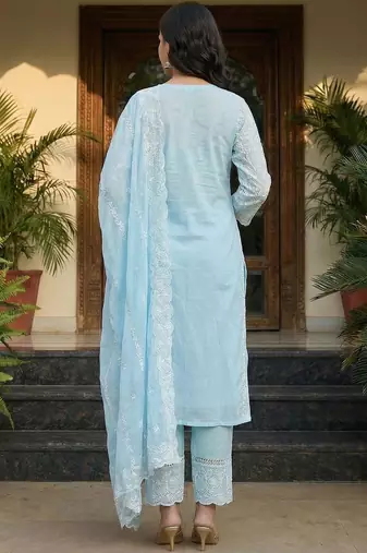 women ethnic motifs embroidered regular thread work  cotton kurta with trousers & with dupatta