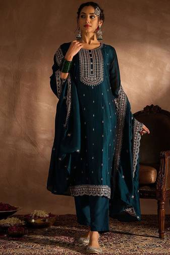 Ethnic Motifs Embroidered Thread Work Straight Kurta With Trousers & Dupatta