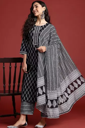Printed Mirror Work Pure Cotton Kurta With Palazzos & Dupatta
